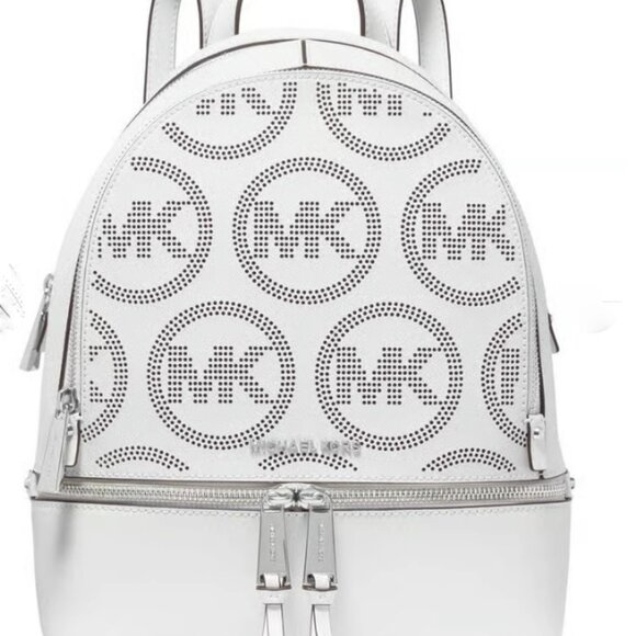 $298 MK Michael Kors Rhea Zip Optic White Perforated MK Circle Logo Backpack main image 5